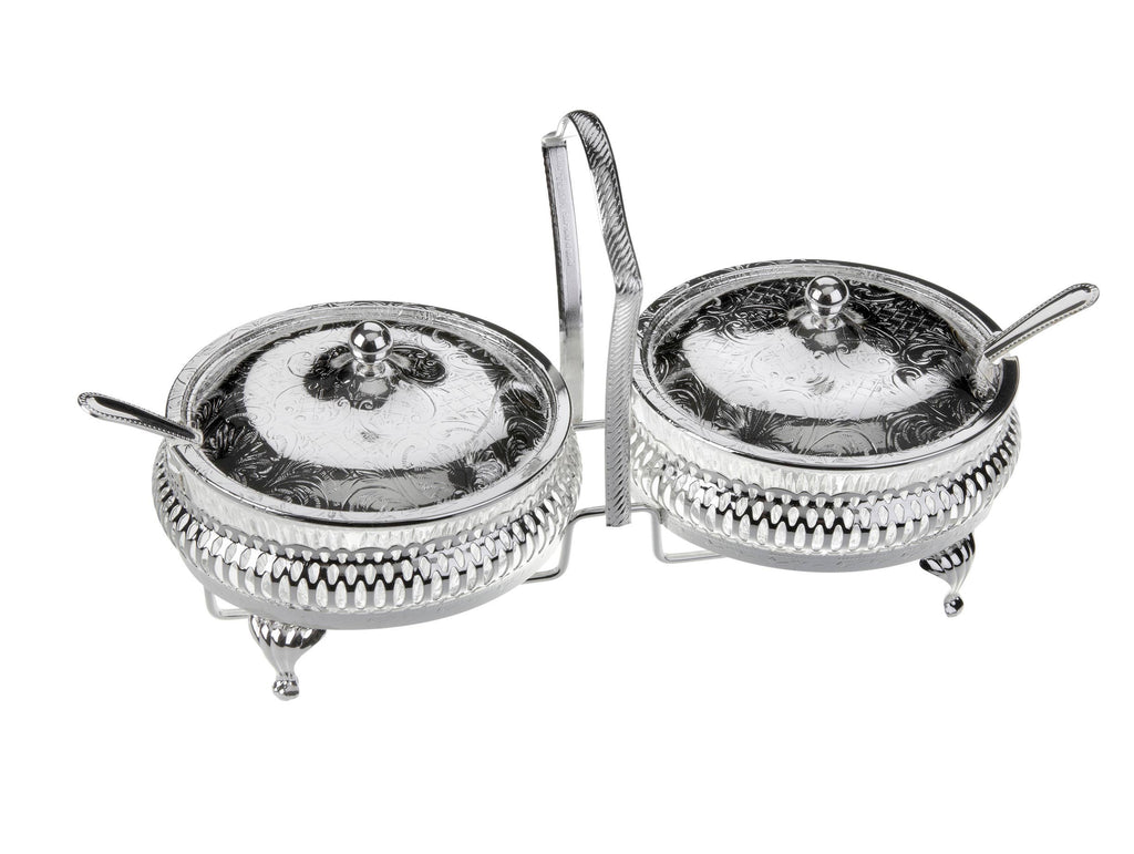Queen Anne Double Jam with Lids/Spoon Silver Plate