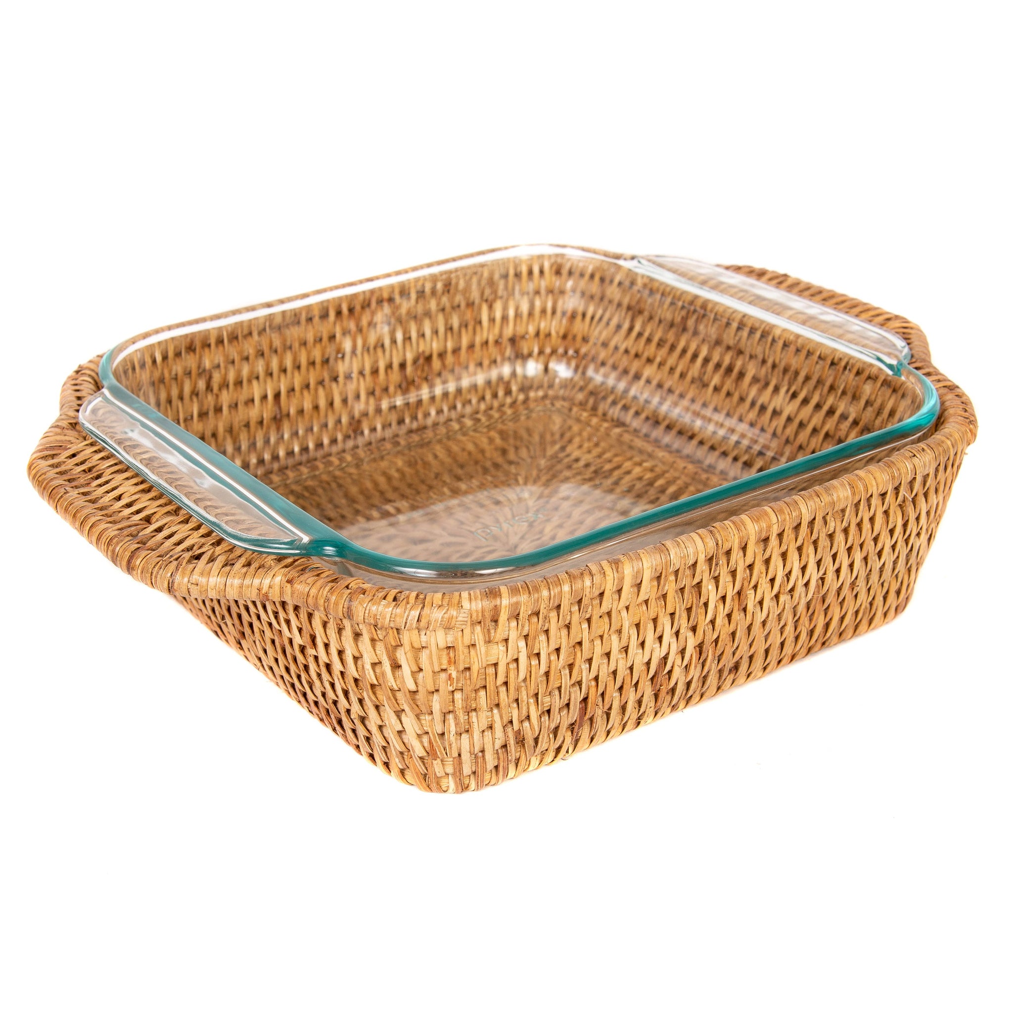 Rattan Square Baker Basket with Pyrex: Honey Brown