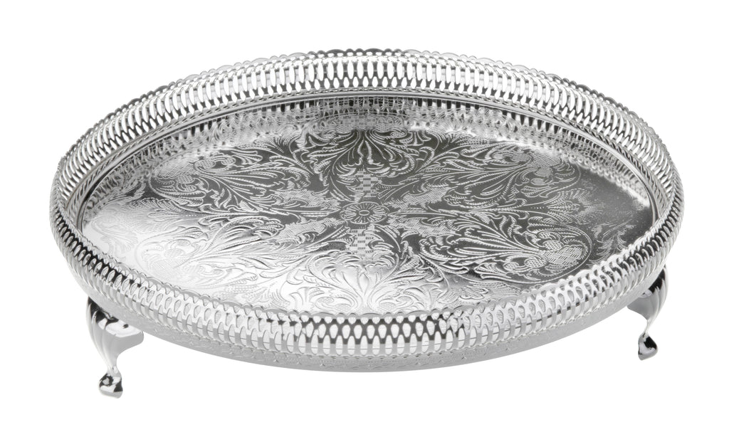 Queen Anne Gallery Tray Round 11" dia x 2 7/8"h English Silver Plate (Tarnish Resistant). SKU #: 0/6393.
