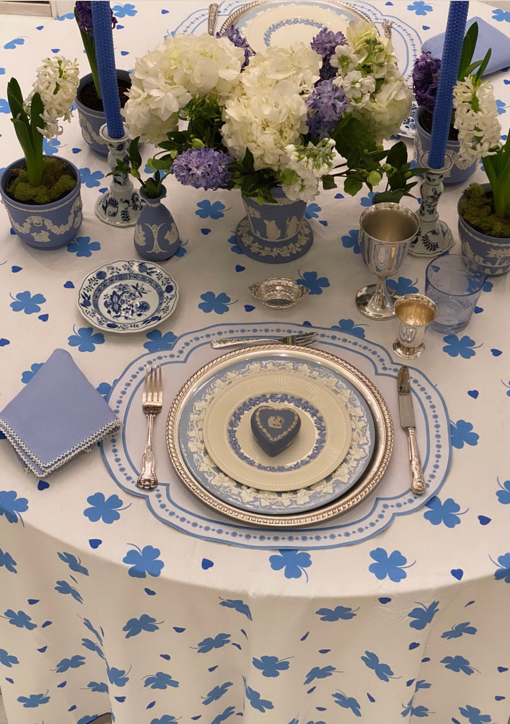 Blue Heart and Clover Tablecloth
