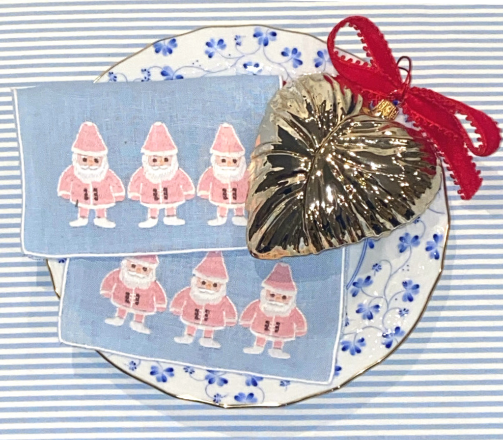 Pink Santas on Blue Linen Cocktail Napkins