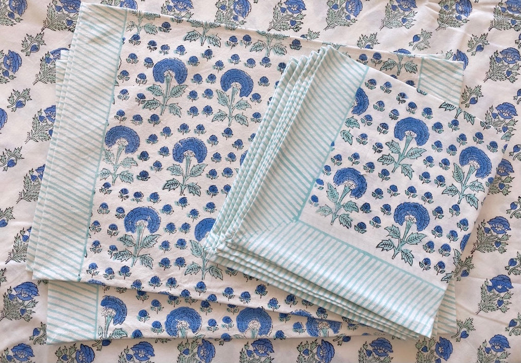 Blue and Seafoam Flower Block Print Set