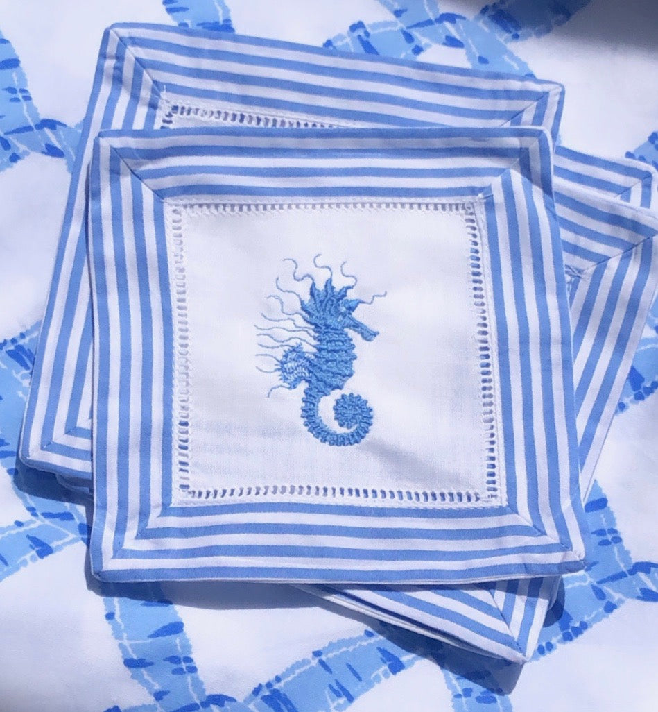 Embroidered Summer Seahorse Cocktail Napkins