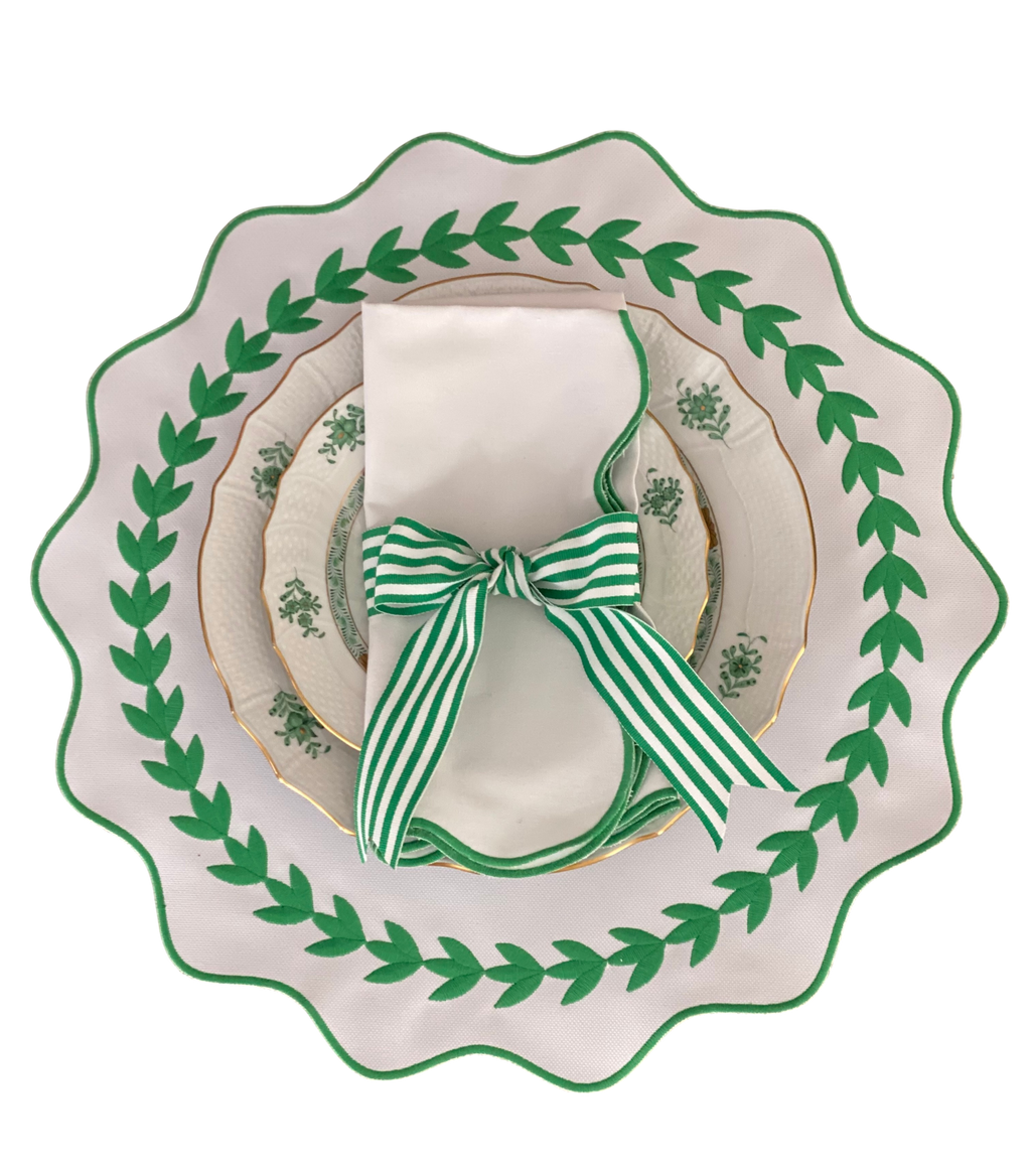Set of Green Leaf Round Placemats with Scalloped Border