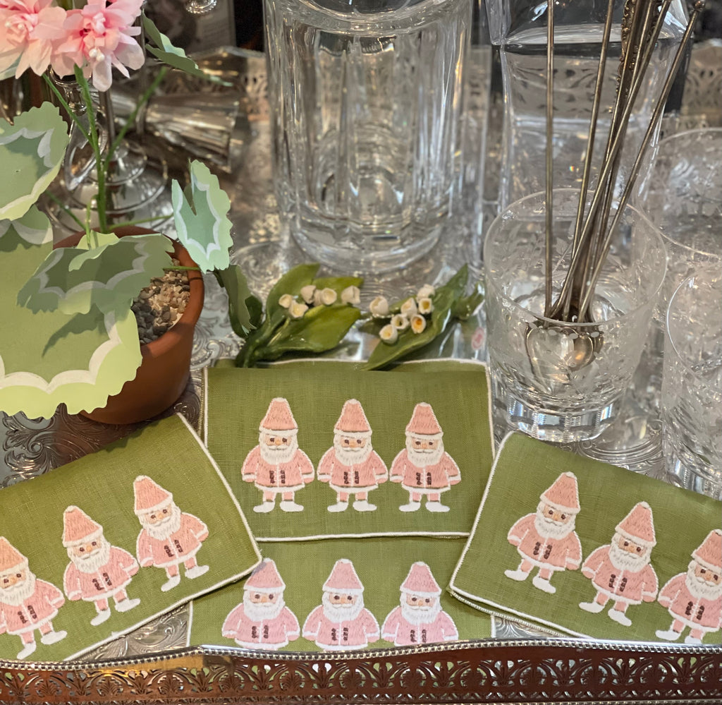 Pink Santas on Green Cocktail Napkins