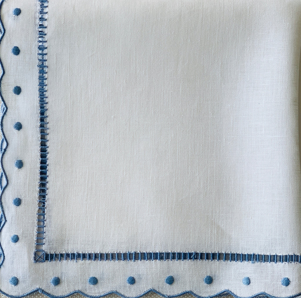 White and Blue Scalloped and Dot Napkin