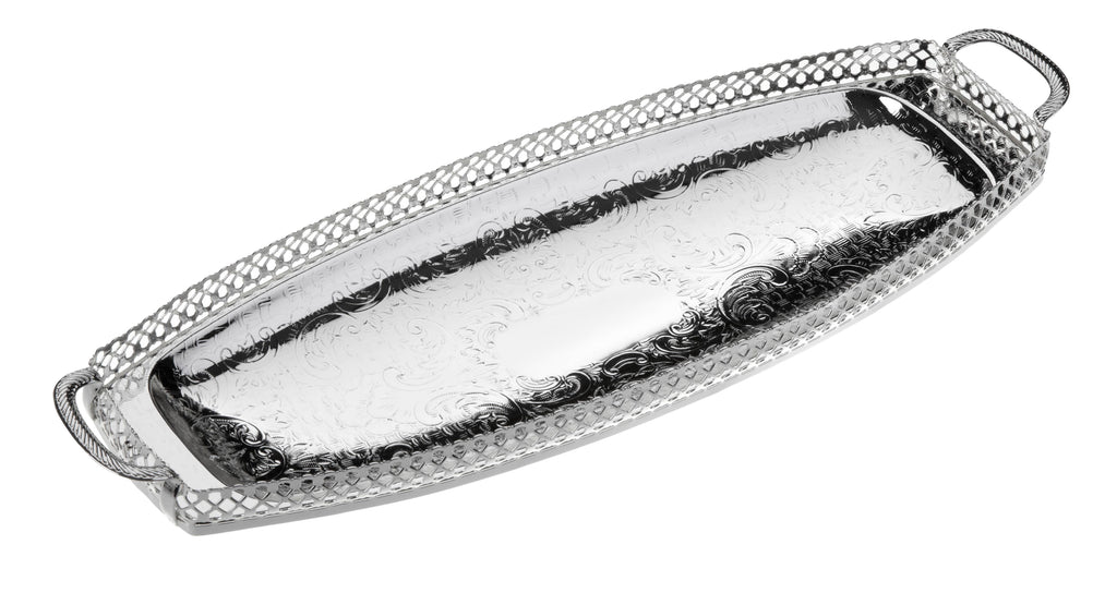 Queen Anne Gallery Sandwich Tray 2 1/4"h x 6"w x17 5/16"l English Silver Plate (Tarnish Resistant). SKU #: 0/5990.