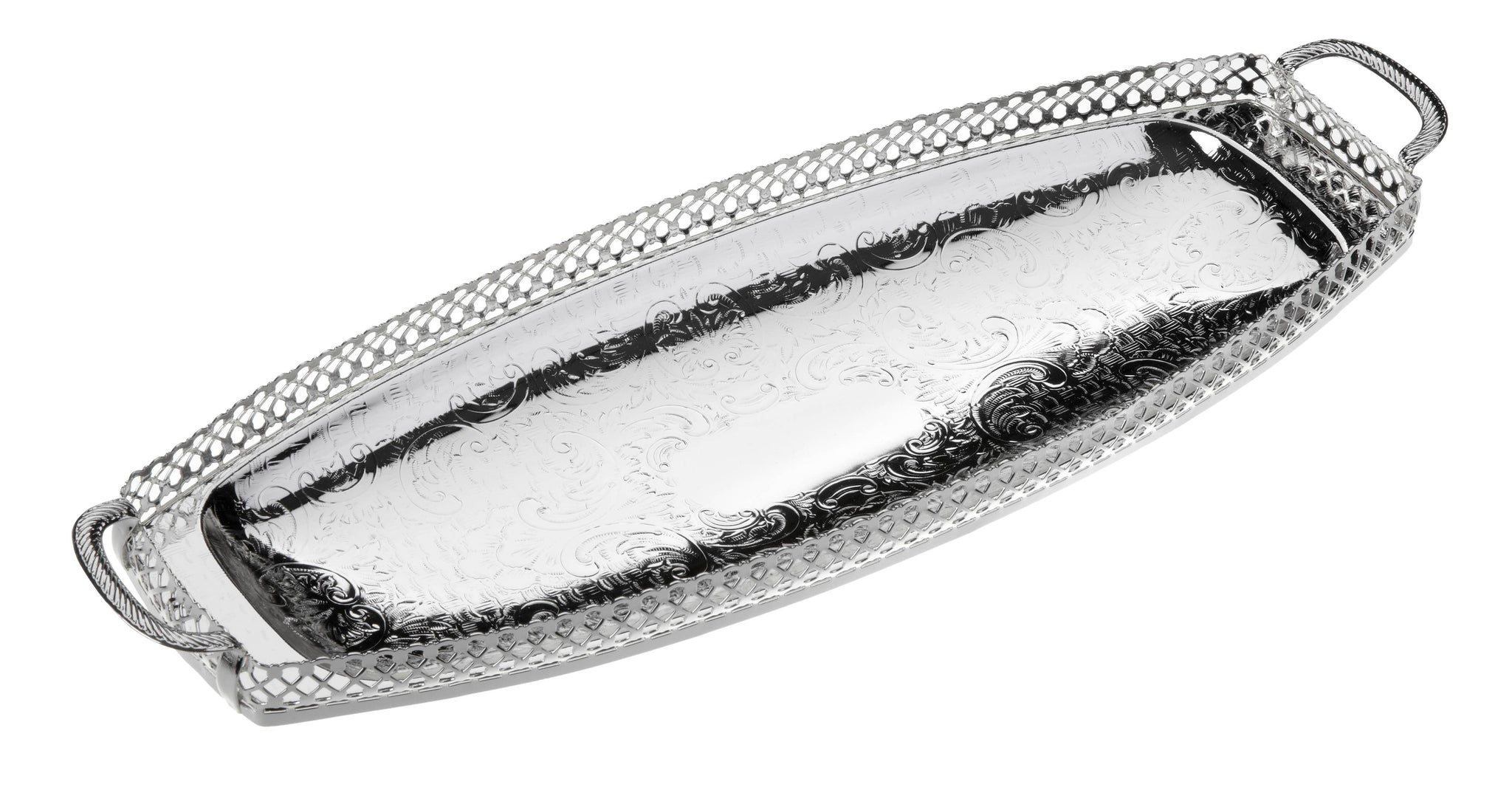 Queen Anne Gallery Sandwich Tray 2 1/4"h x 6"w x17 5/16"l English Silver Plate (Tarnish Resistant). SKU #: 0/5990.