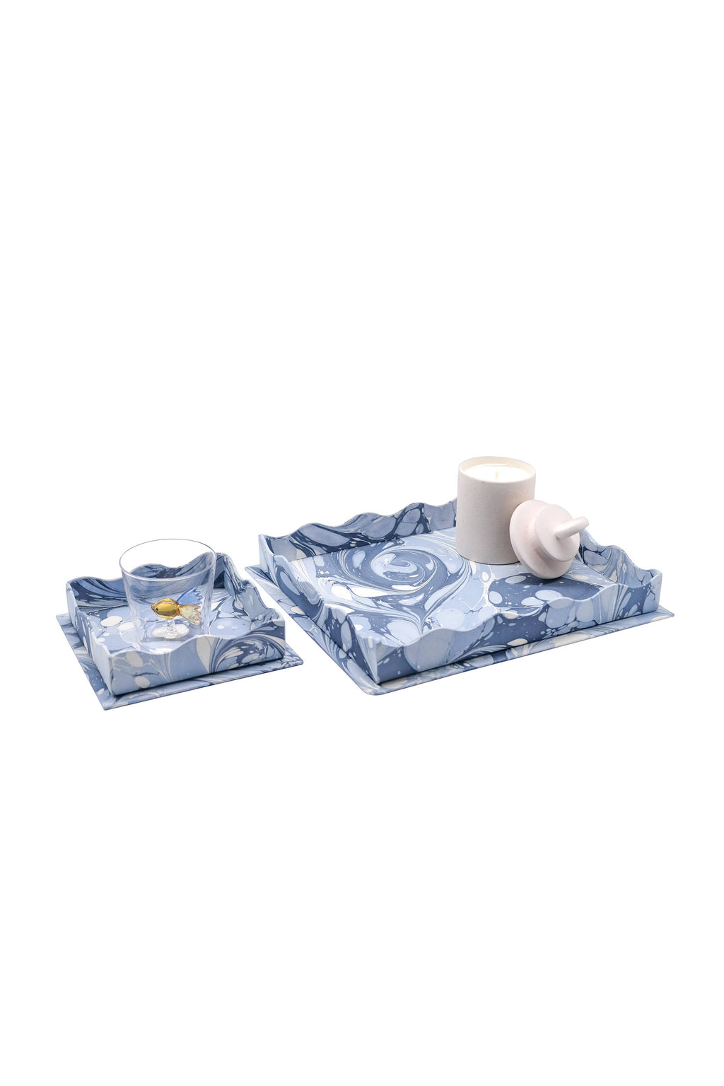 Nesting Scalloped Hand-Marbled Trays in Ocean Wave: Large Tray