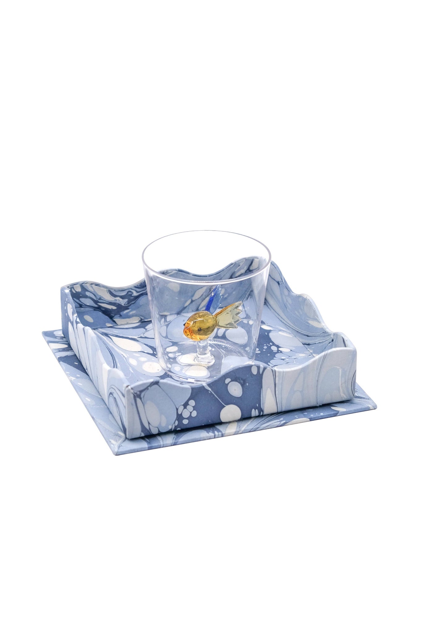 Nesting Scalloped Hand-Marbled Trays in Ocean Wave: Small Tray