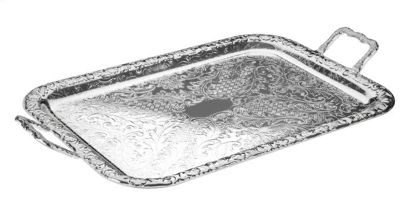 Queen Anne Small Oblong Tray/Handles 1 1/4"h x 9 5/8" x 17 1/4"l  English Silver Plate (Tarnish Resistant). SKU #: 0/6224.