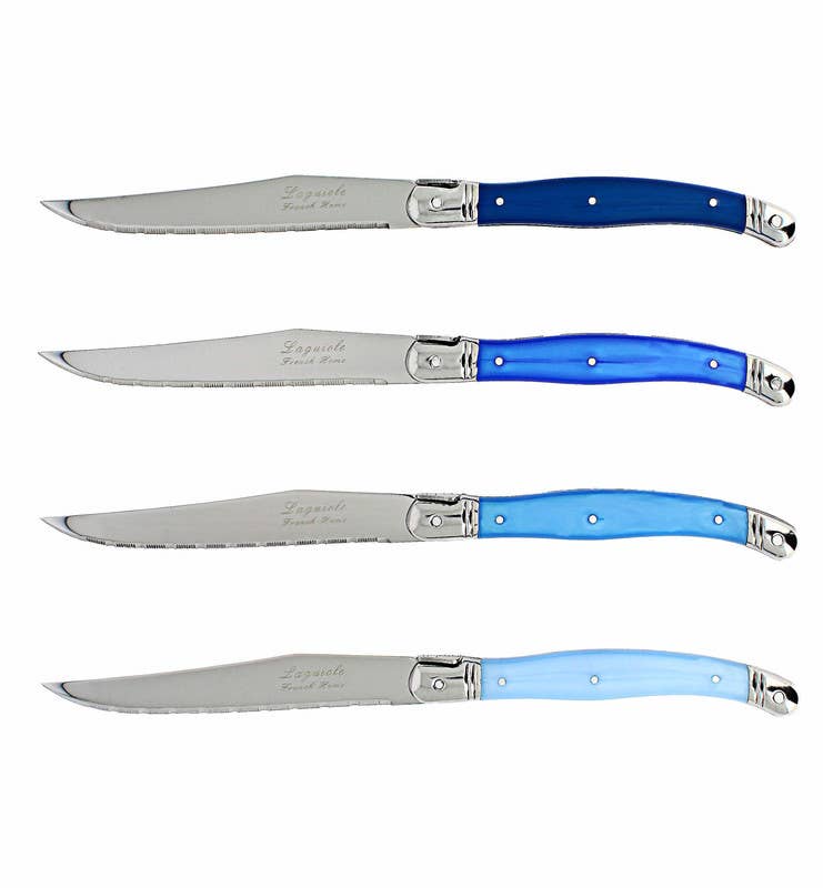 French Home Set of 4 Laguiole Steak Knives, Shades of Blue