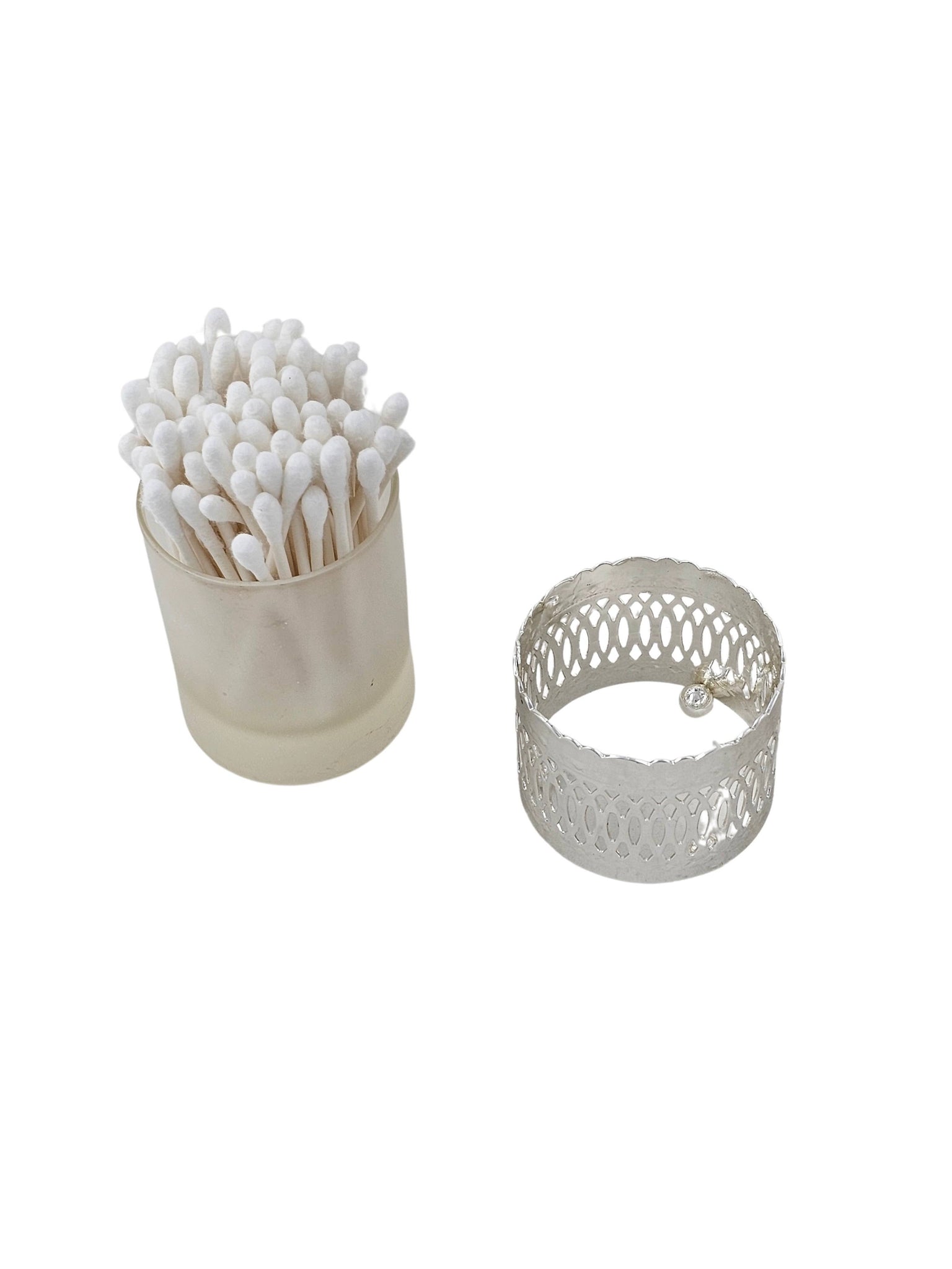 Q-Tip holder with Frosted Glass/Silver Plate.(Non Tarnish)SKU:C1695