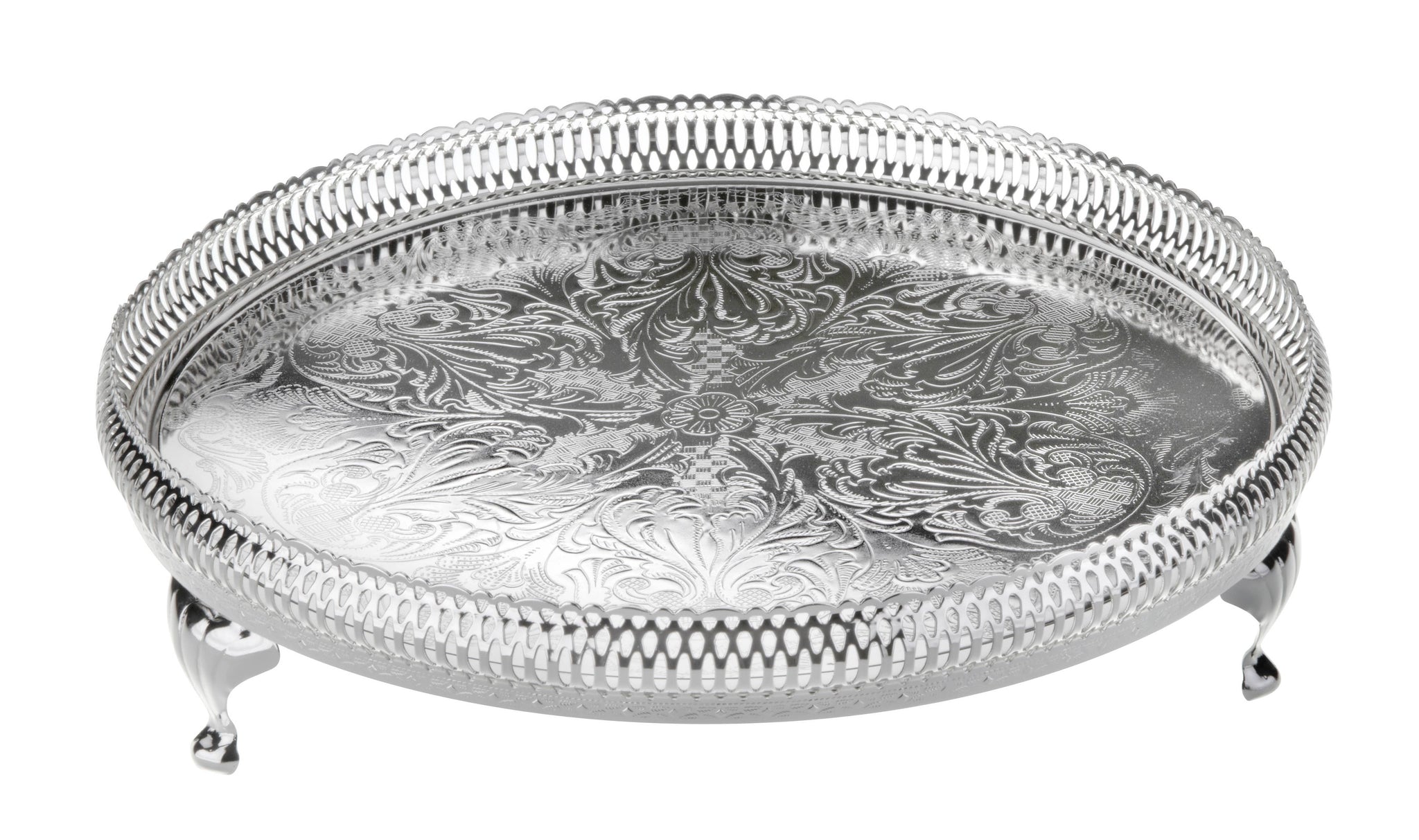 Queen Anne Gallery Tray Round 11" dia x 2 7/8"h English Silver Plate (Tarnish Resistant). SKU #: 0/6393.