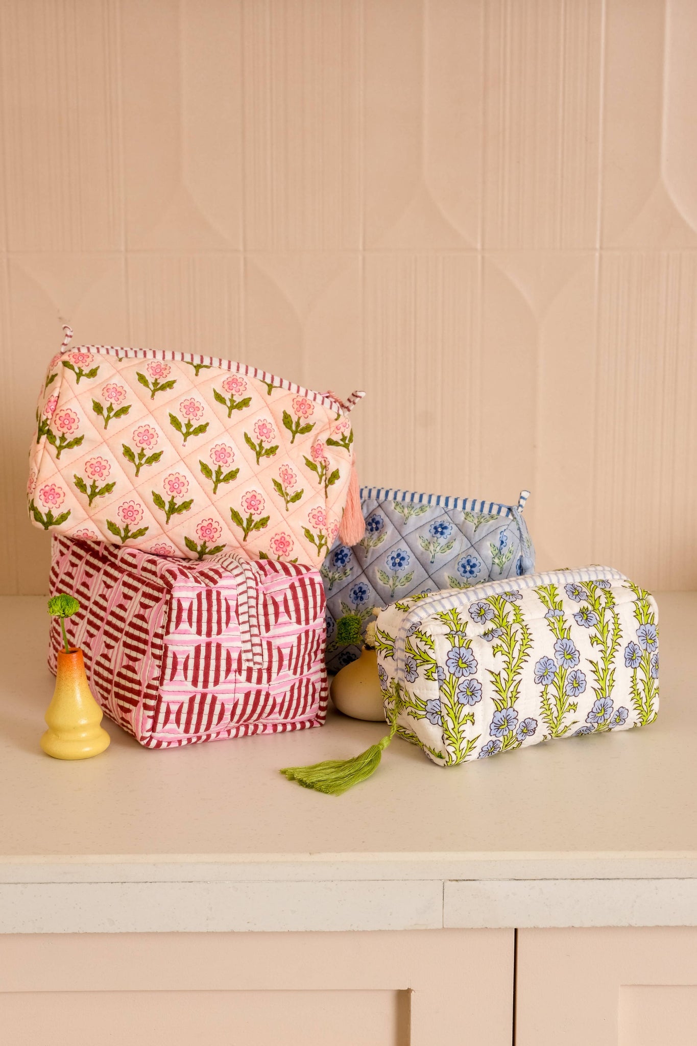 Mona Blockprint Makeup Bag in Pink: Large