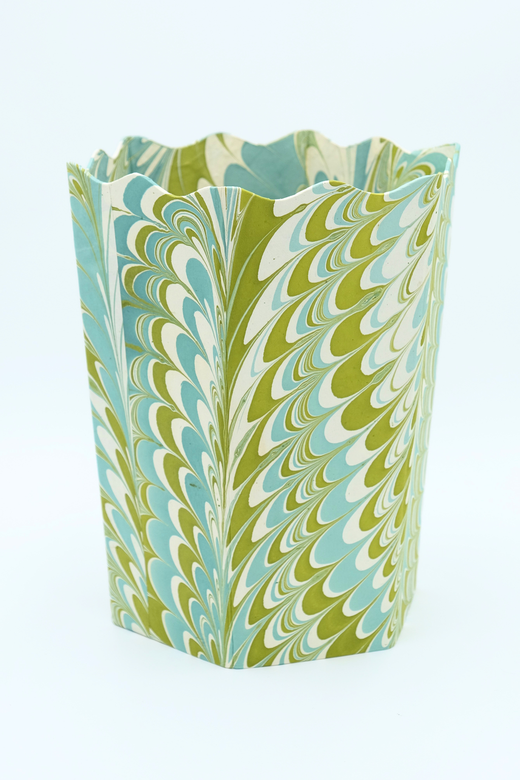 Hand-Marbled Scallop Waste Bin / Storage Bin in Robin Blue
