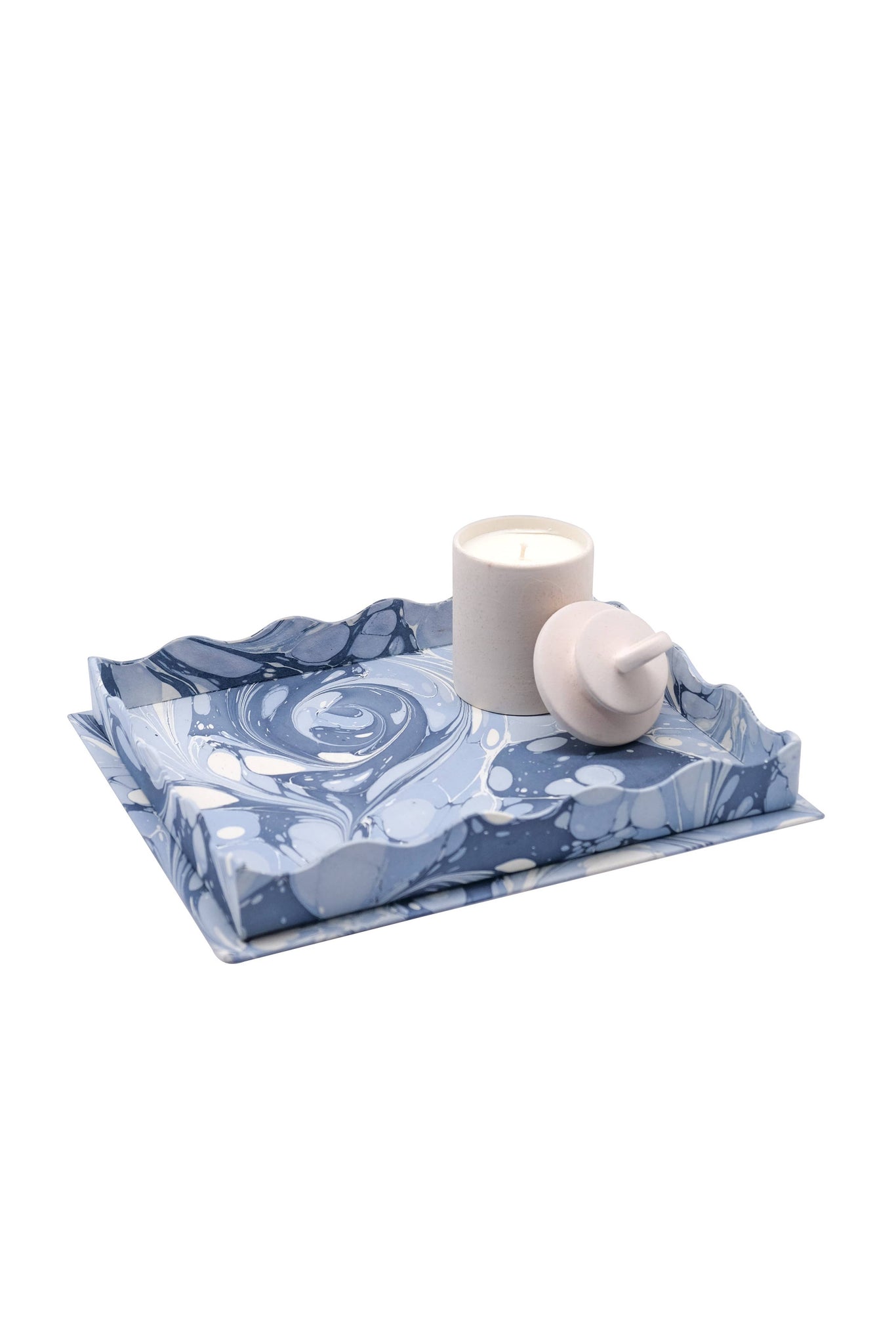 Nesting Scalloped Hand-Marbled Trays in Ocean Wave: Small Tray