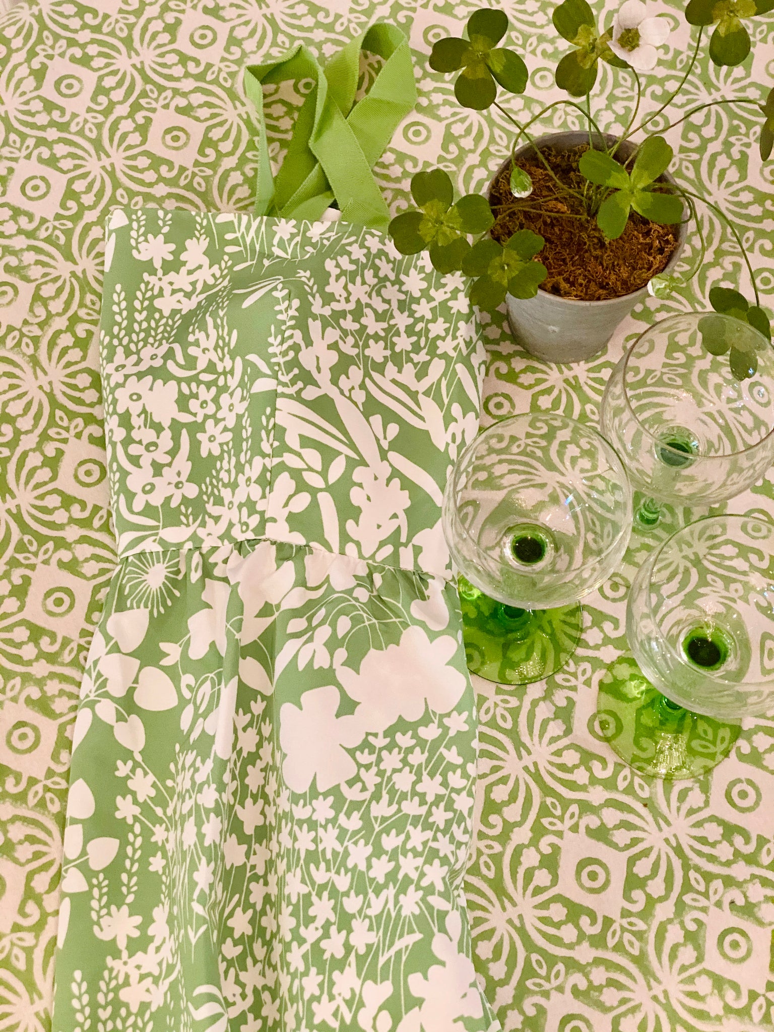 Green and White Block Print Tablecloth