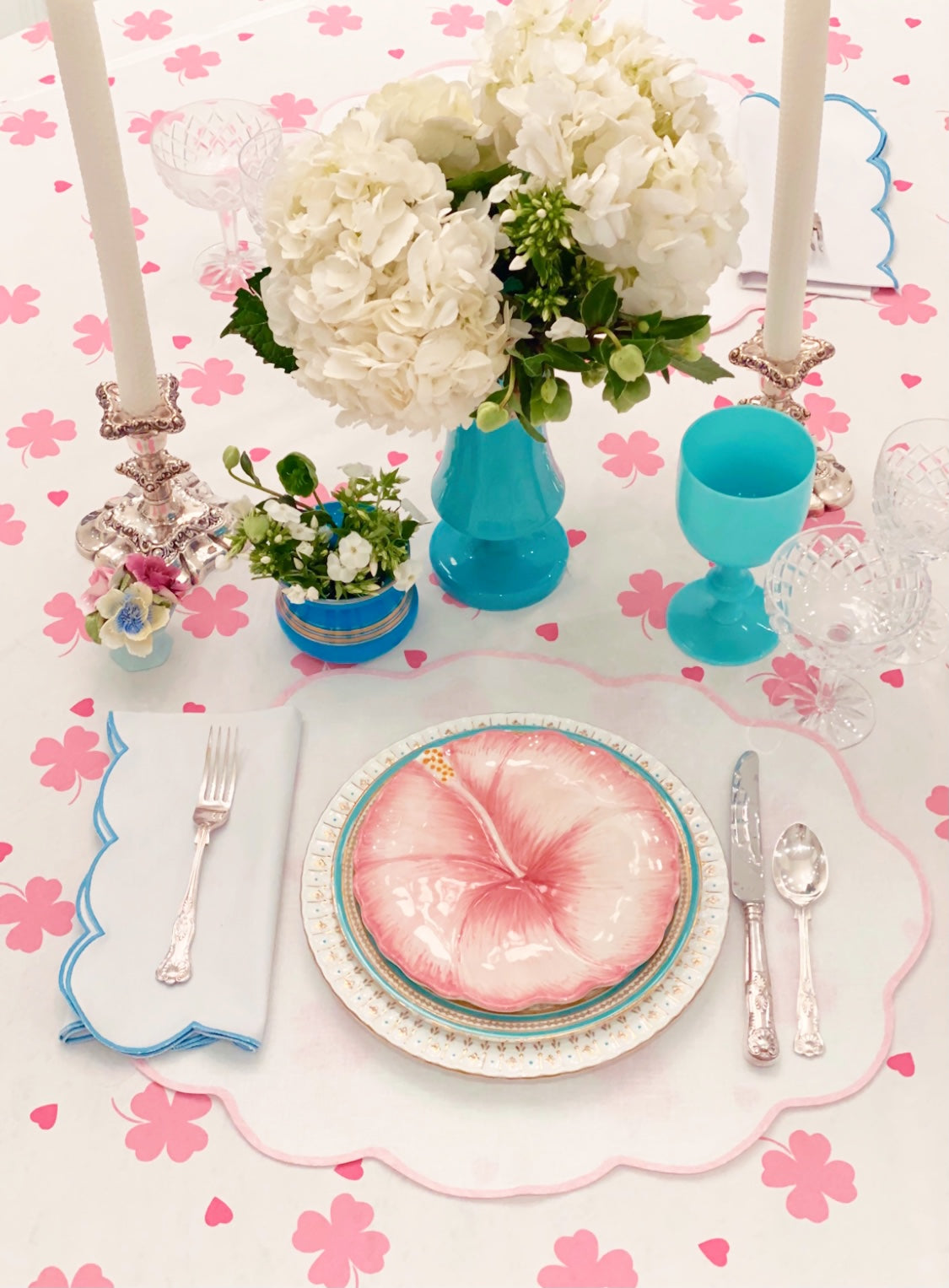 Pink Clover and Heart Tablecloth