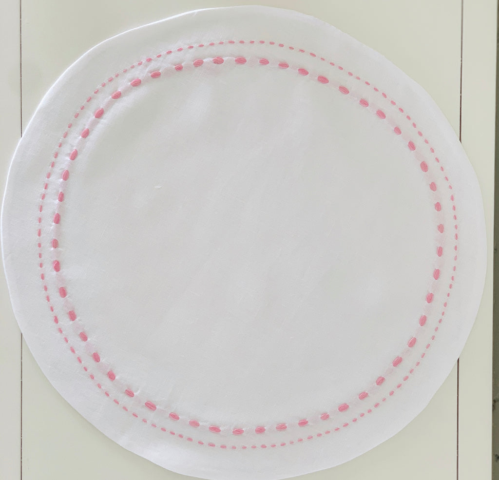 White and Pink Round Double-Stitched Placemat