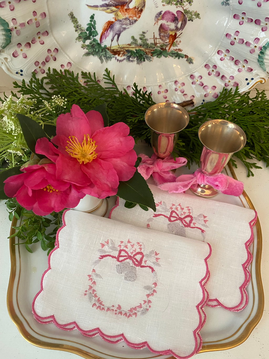Silver Bells and Pink Wreath Cocktail Napkin